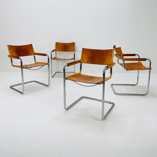 Set of 4 Mid century armchairs Matteo Grassi Mg5 leather cantilevered by Mart Stam italy 1980s