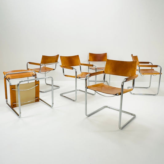 Set of 6 Mid century armchairs Matteo Grassi Mg5 leather cantilevered by Mart Stam italy 1980s