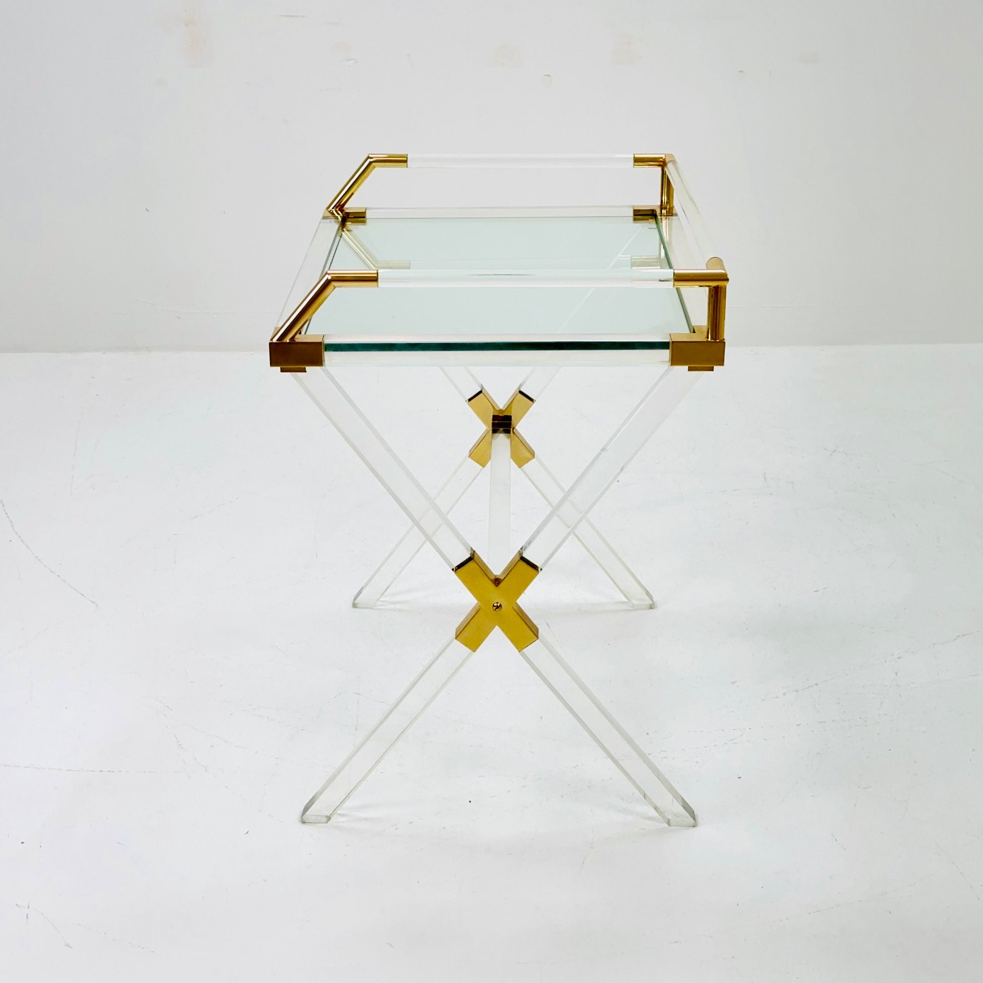 Mid century Hollywood Regency Charles Hollis Jones Large Lucite Brass Bar Table 1970s