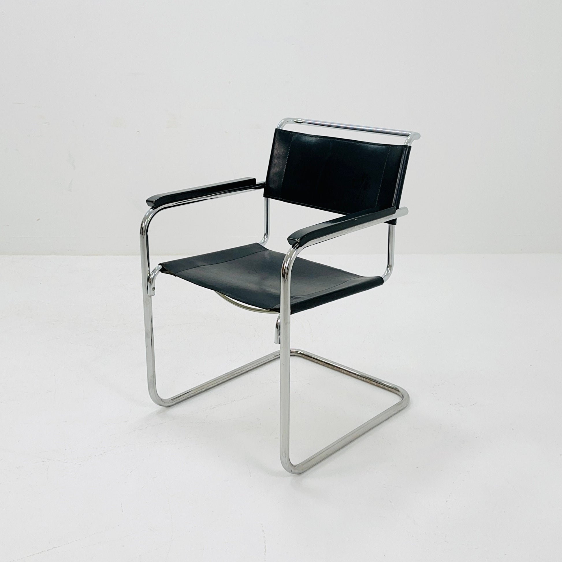 Mid century Bauhaus black leather iconic S34 armchair by mart Stam for Thonet 1980s