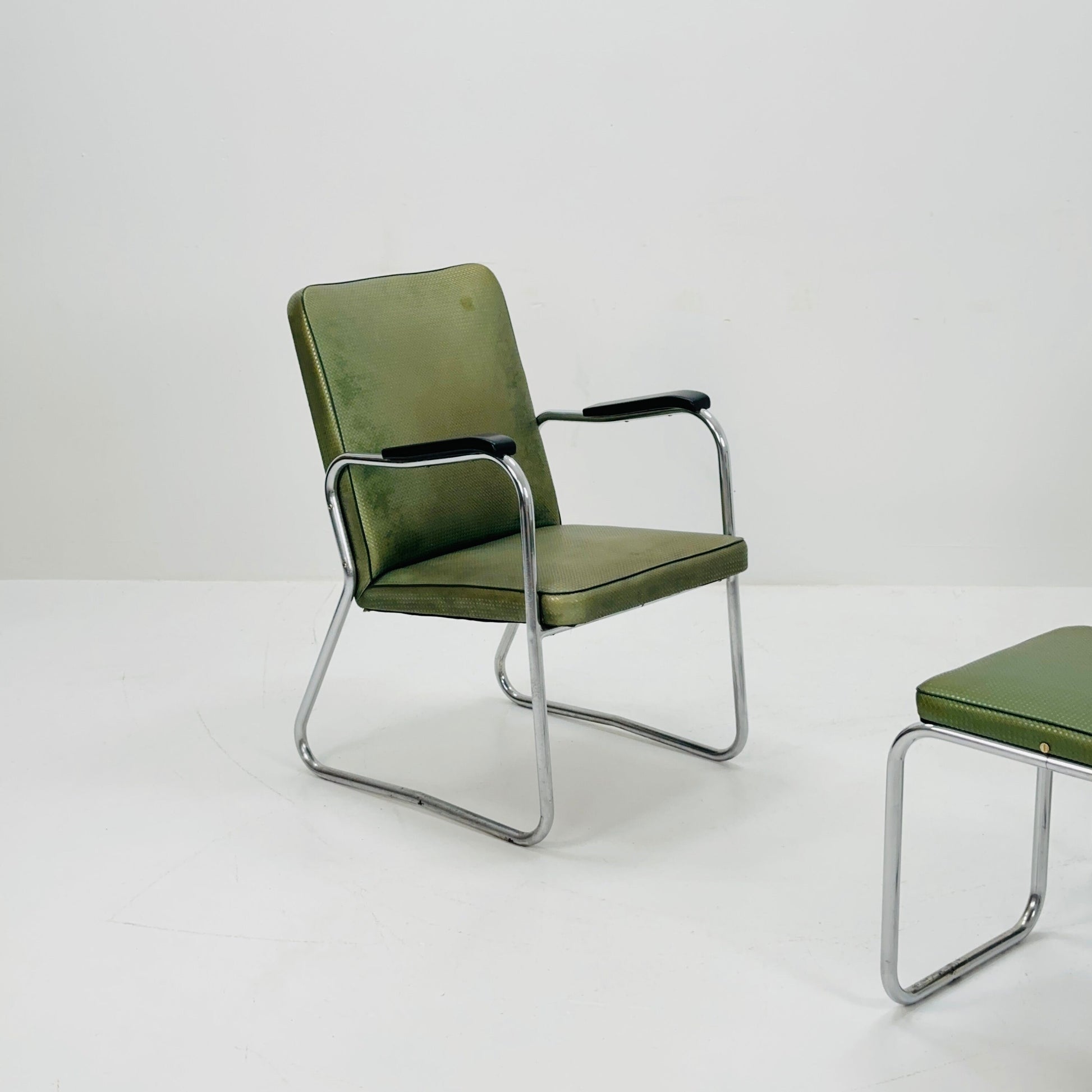 Mid century Original Mauser tubular steel armchairs and ottoman set 1940s Germany