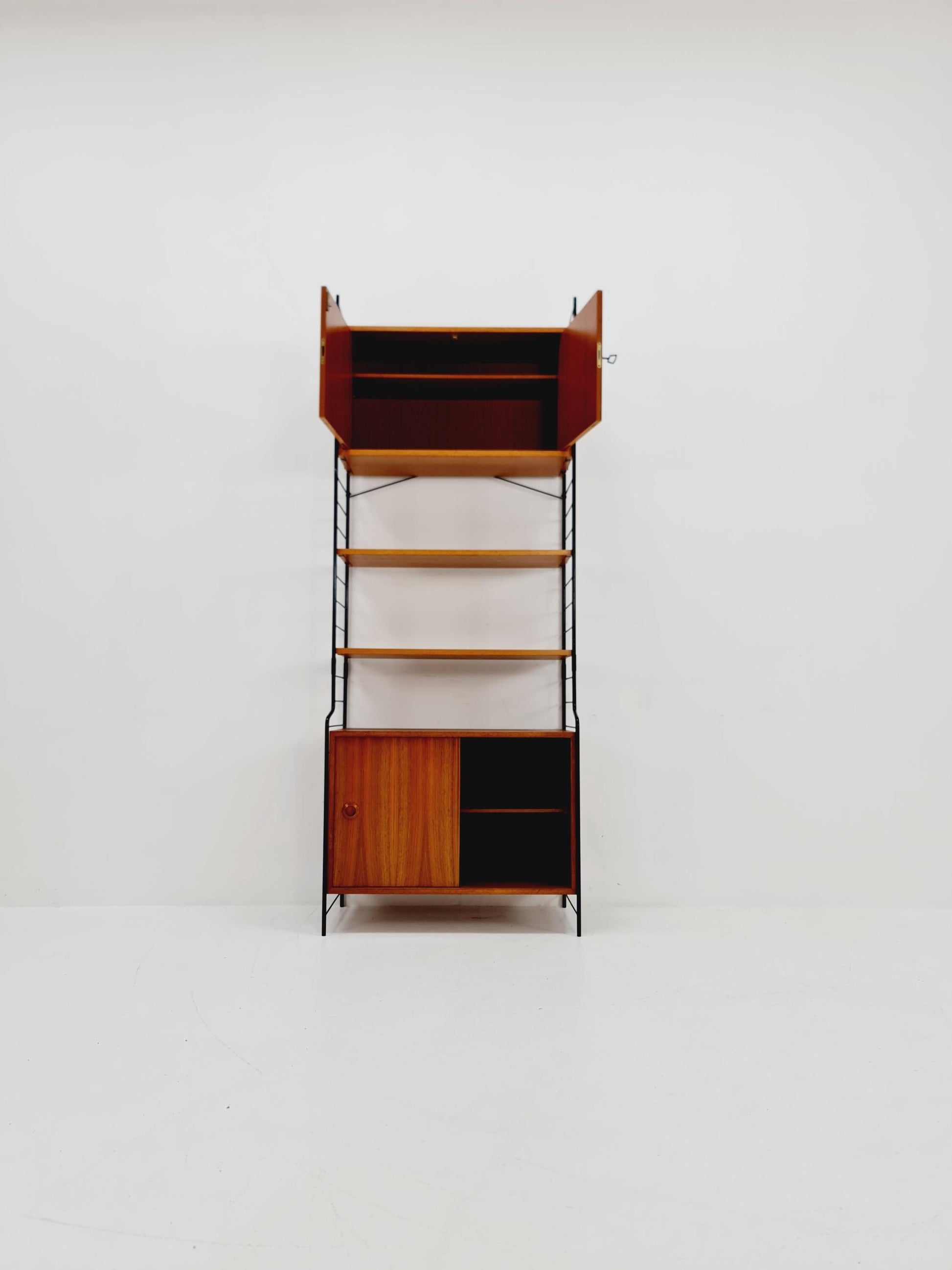 Free standing String shelf-system, bookcase with cabinet teak by WHB Germany, 1950s
