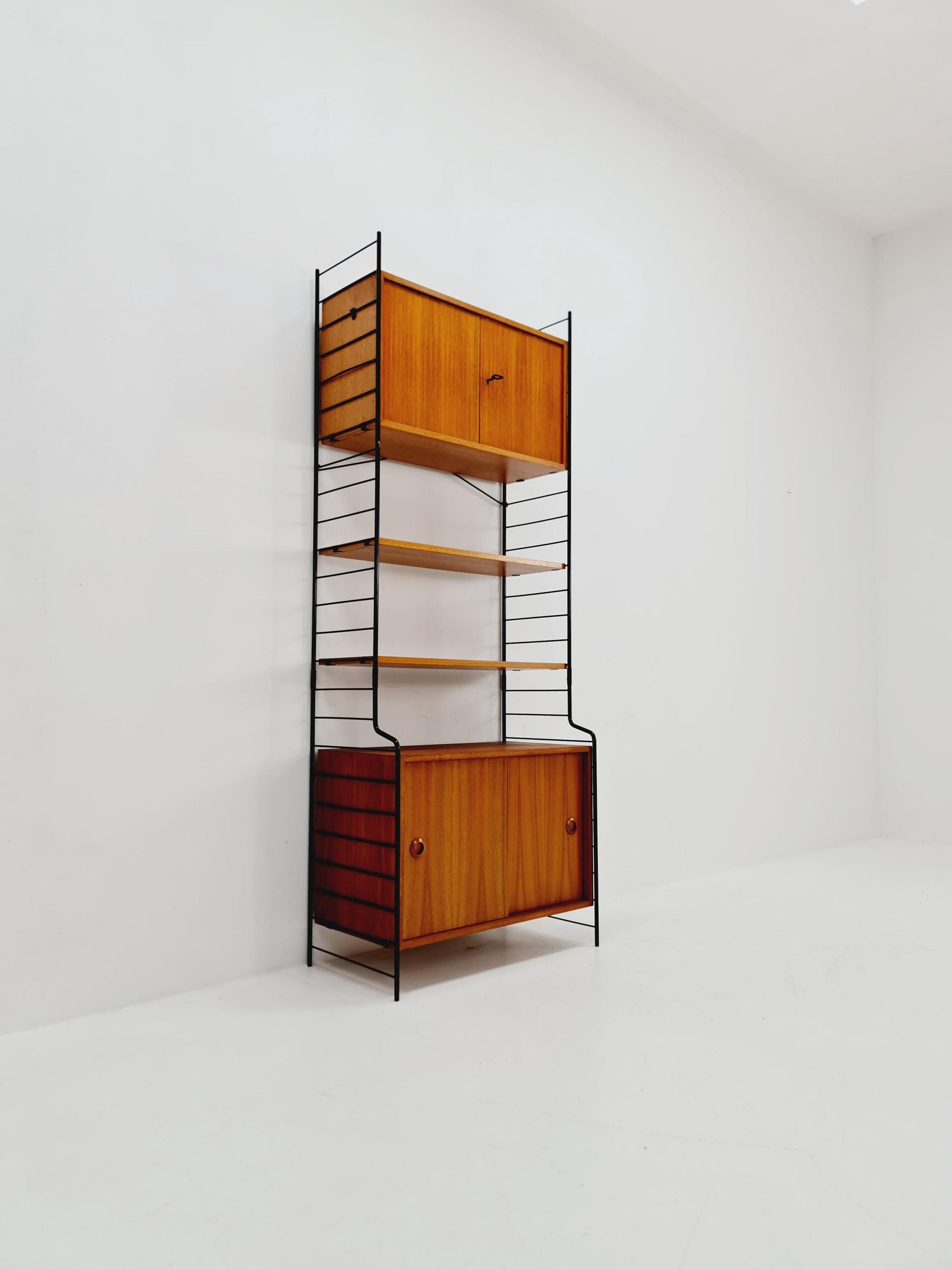 Free standing String shelf-system, bookcase with cabinet teak by WHB Germany, 1950s