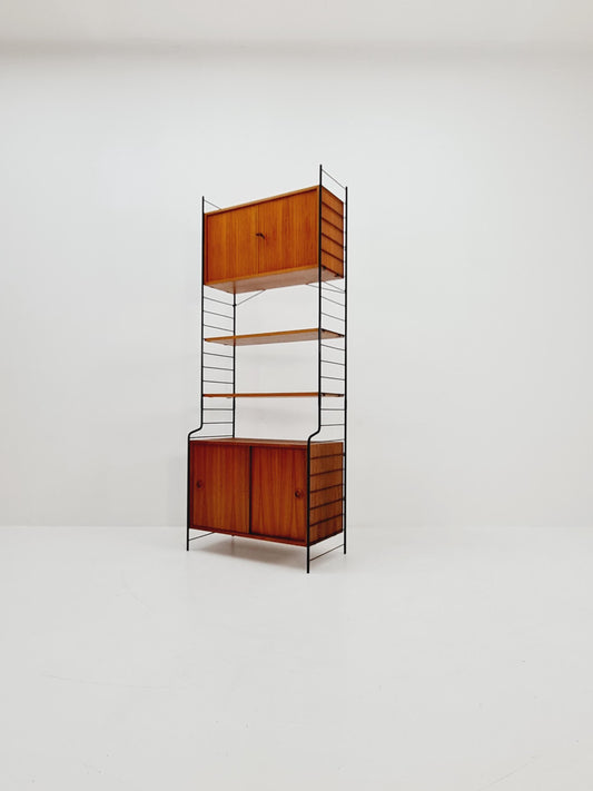 Free standing String shelf-system, bookcase with cabinet teak by WHB Germany, 1950s