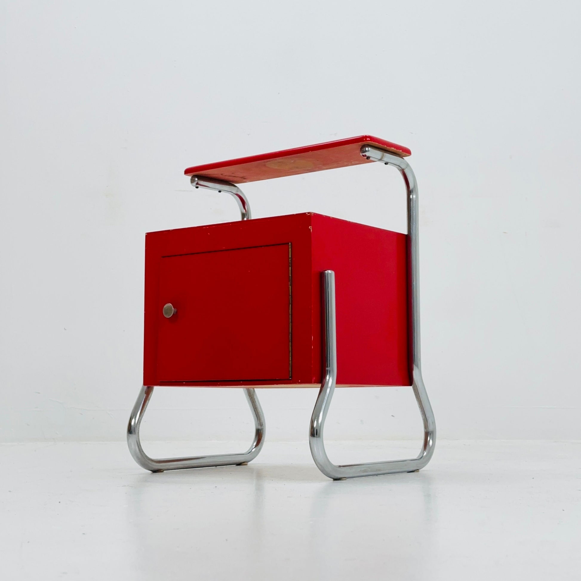 Bauhaus night cabinet/nightstand with shelf in red 1970s