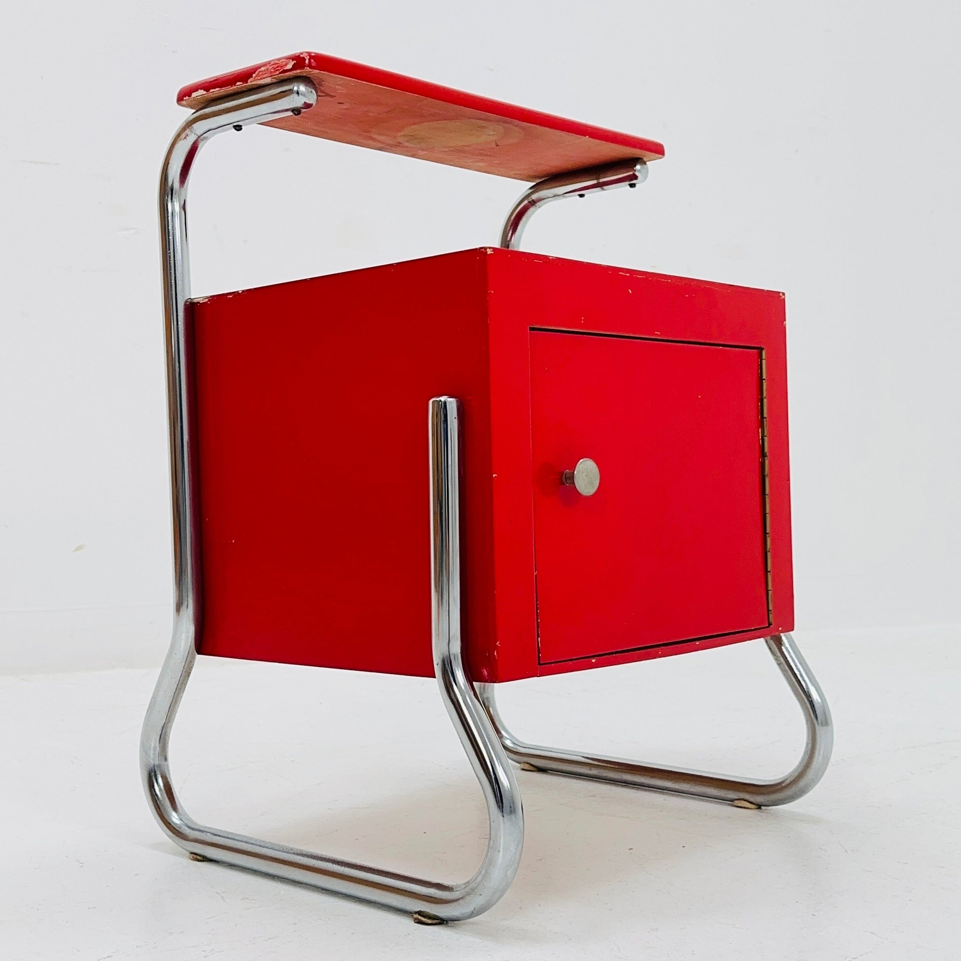 Bauhaus night cabinet/nightstand with shelf in red 1970s