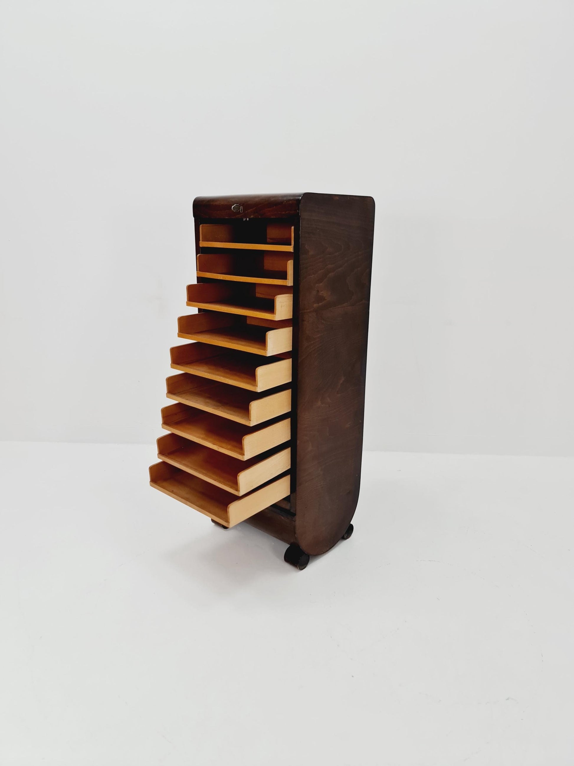 Mid century German roll document cabinet in Wood by Ekawerk Büro Möbel , 1950s
