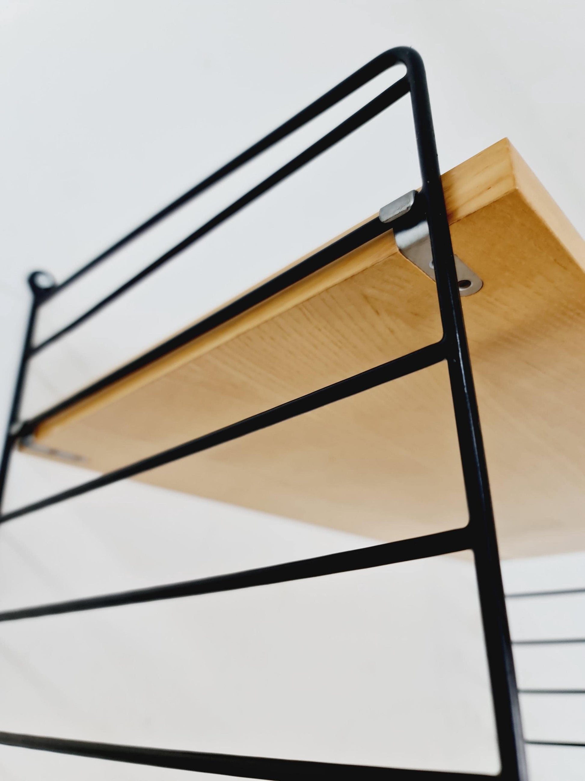Original MCM Ash shelving system - consists of Black lacquered metal ladders, from string Stockholm 1960s