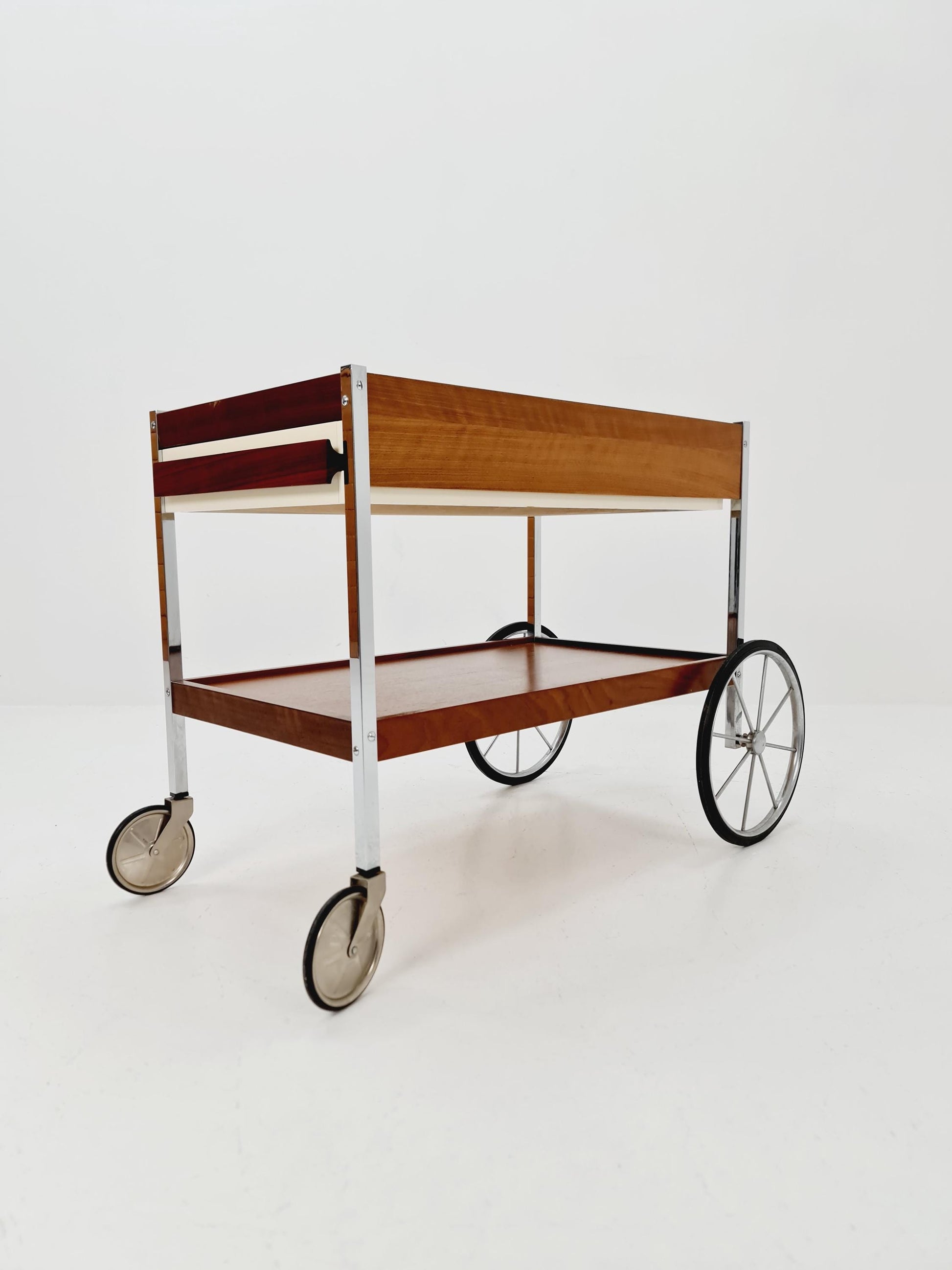 Vintage German BauHaus trolley bar cart in Rosewood & Chrome with drawer , 1960s