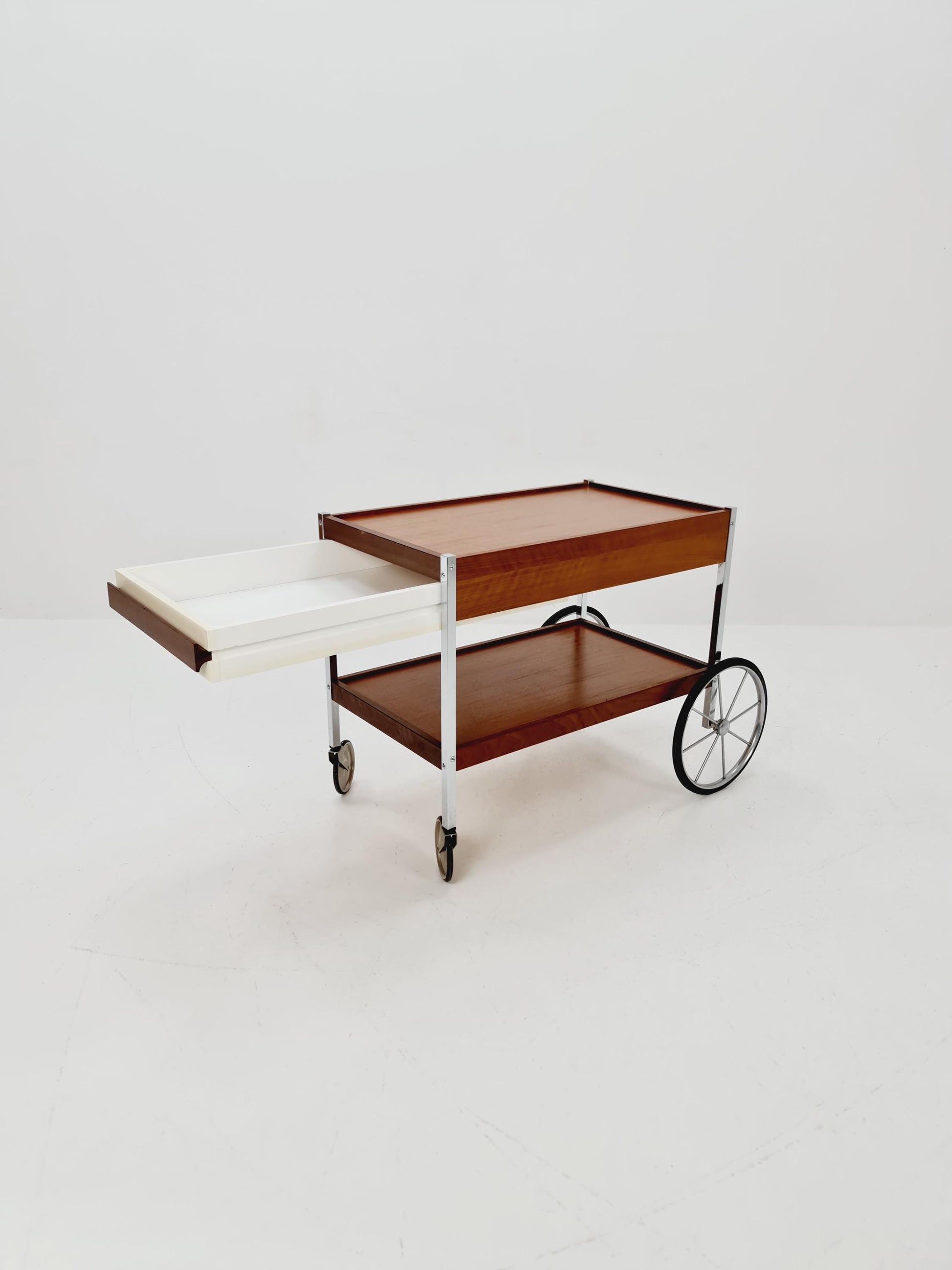 Vintage German BauHaus trolley bar cart in Rosewood & Chrome with drawer , 1960s