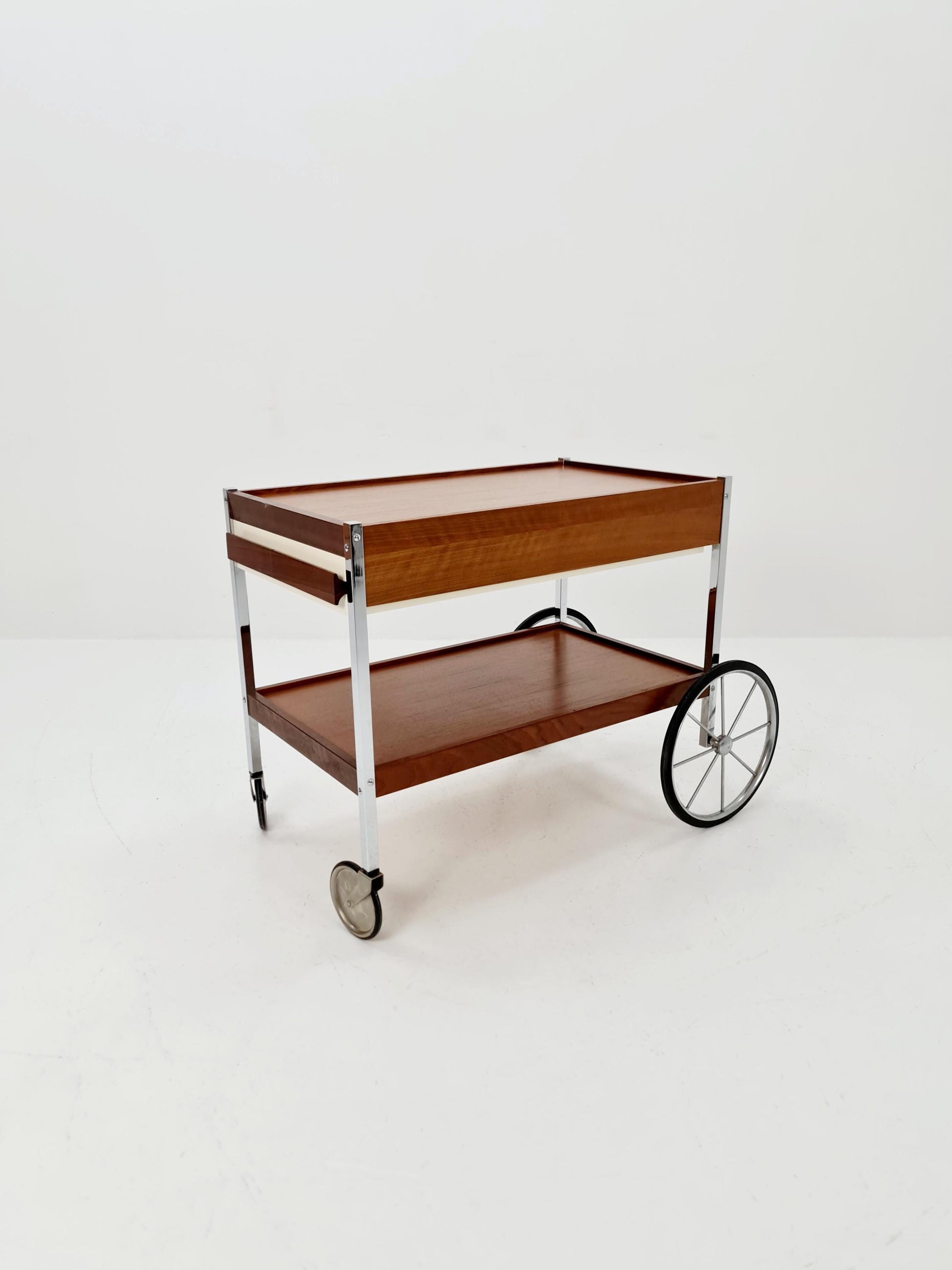 Vintage German BauHaus trolley bar cart in Rosewood & Chrome with drawer , 1960s