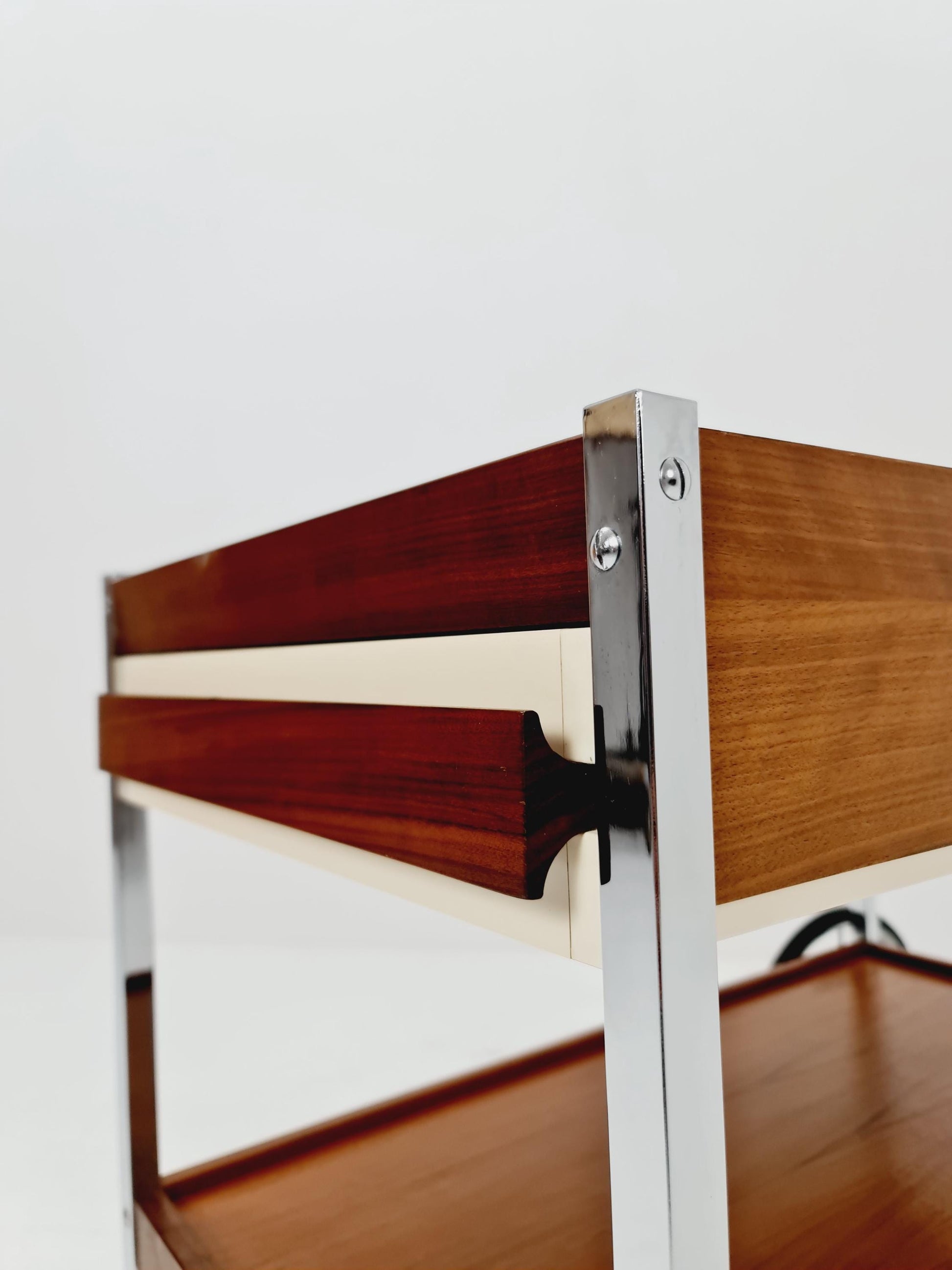 Vintage German BauHaus trolley bar cart in Rosewood & Chrome with drawer , 1960s