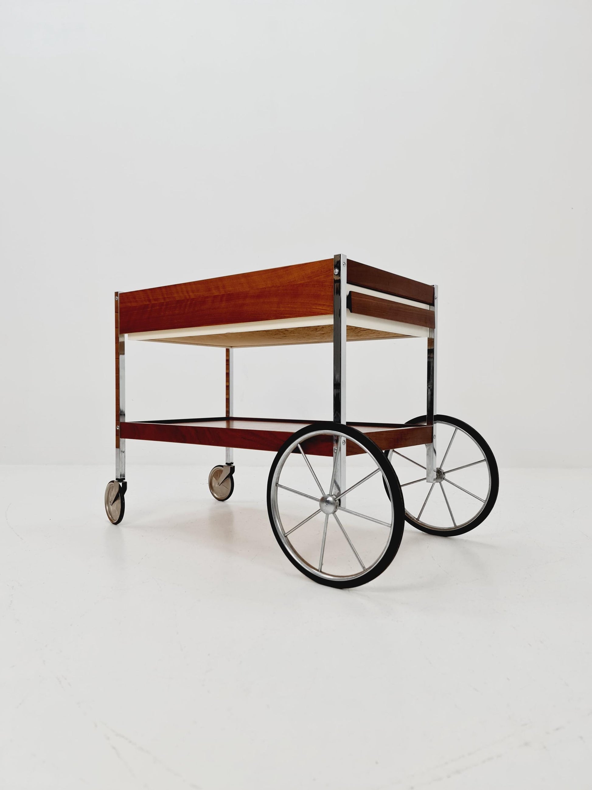 Vintage German BauHaus trolley bar cart in Rosewood & Chrome with drawer , 1960s