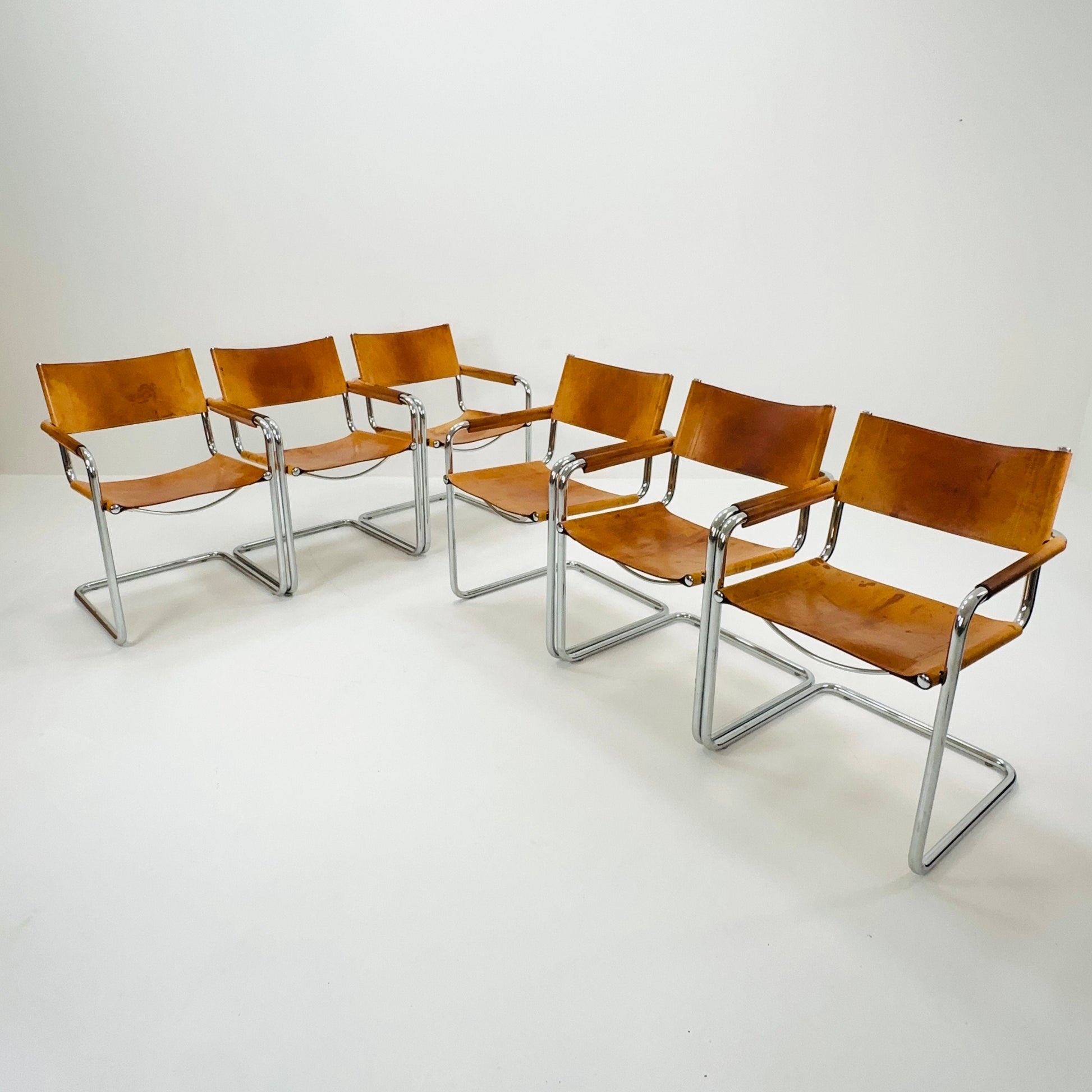 Set of 6 Mid century armchairs Matteo Grassi Mg5 leather cantilevered by Mart Stam italy 1980s