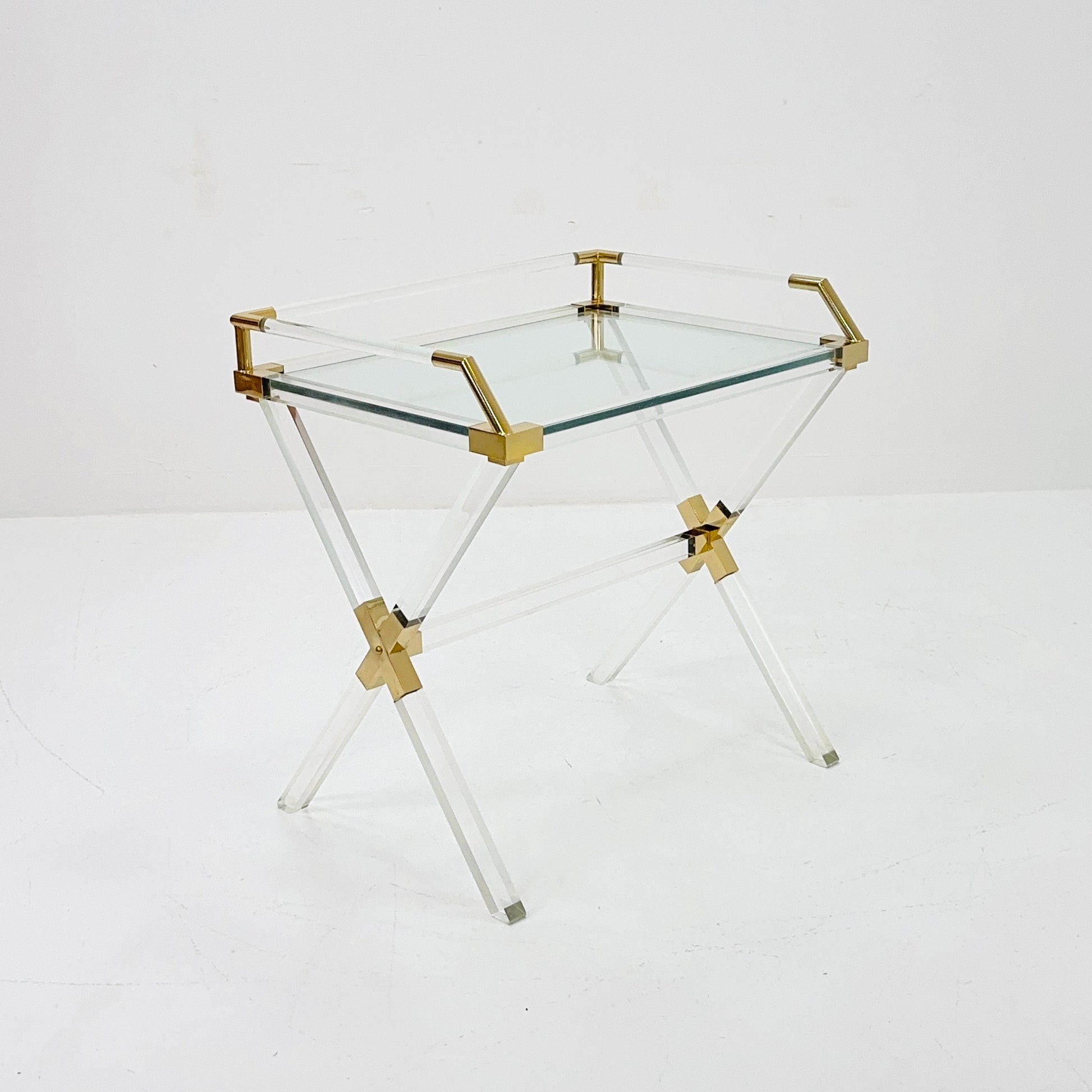 Mid century Hollywood Regency Charles Hollis Jones Large Lucite Brass Bar Table 1970s