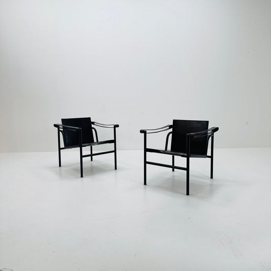 1 of 2 Lc 1 Mid century black edition armchair by Le Corbusier for Cassina Italy 1970s