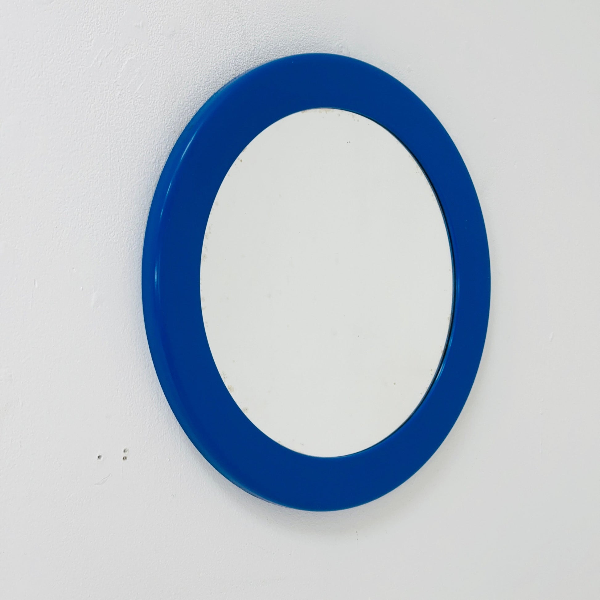 Space Age round wall mirror blue frame in plastic by Syla, France 1970s