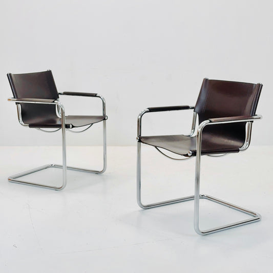 Set of 2 Matteo Grassi visitor chairs in dark brown leather 1970s Italy