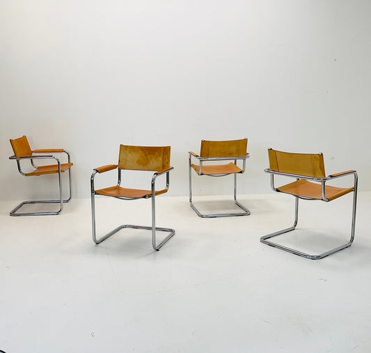 Set of 4 Mid century Model S34 Cognac Leather armchairs by Mart Stam & Marcel Breuer 1980s Italy