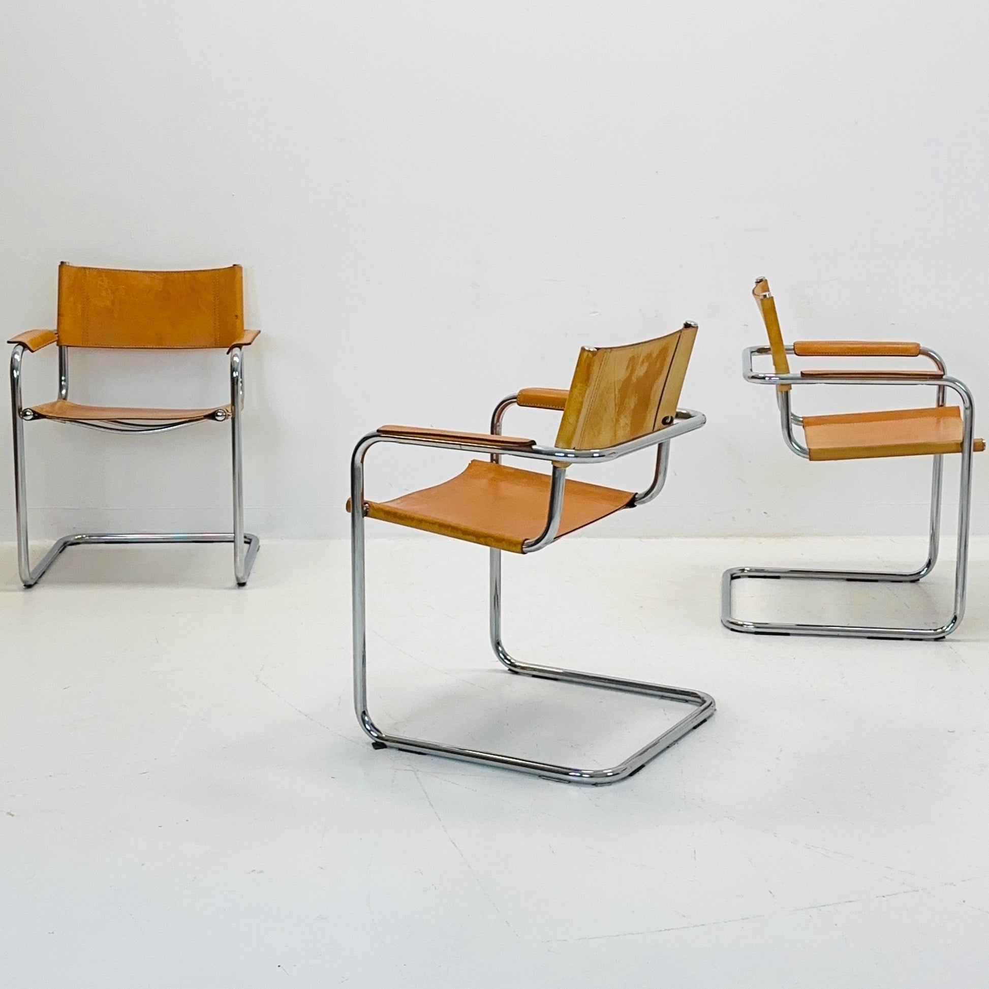 Set of 4 Mid century Model S34 Cognac Leather armchairs by Mart Stam & Marcel Breuer 1980s Italy