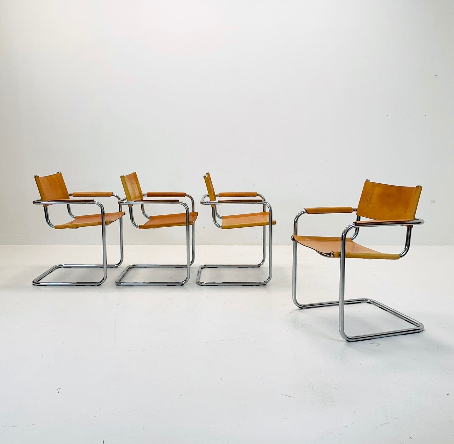 Set of 4 Mid century Model S34 Cognac Leather armchairs by Mart Stam & Marcel Breuer 1980s Italy