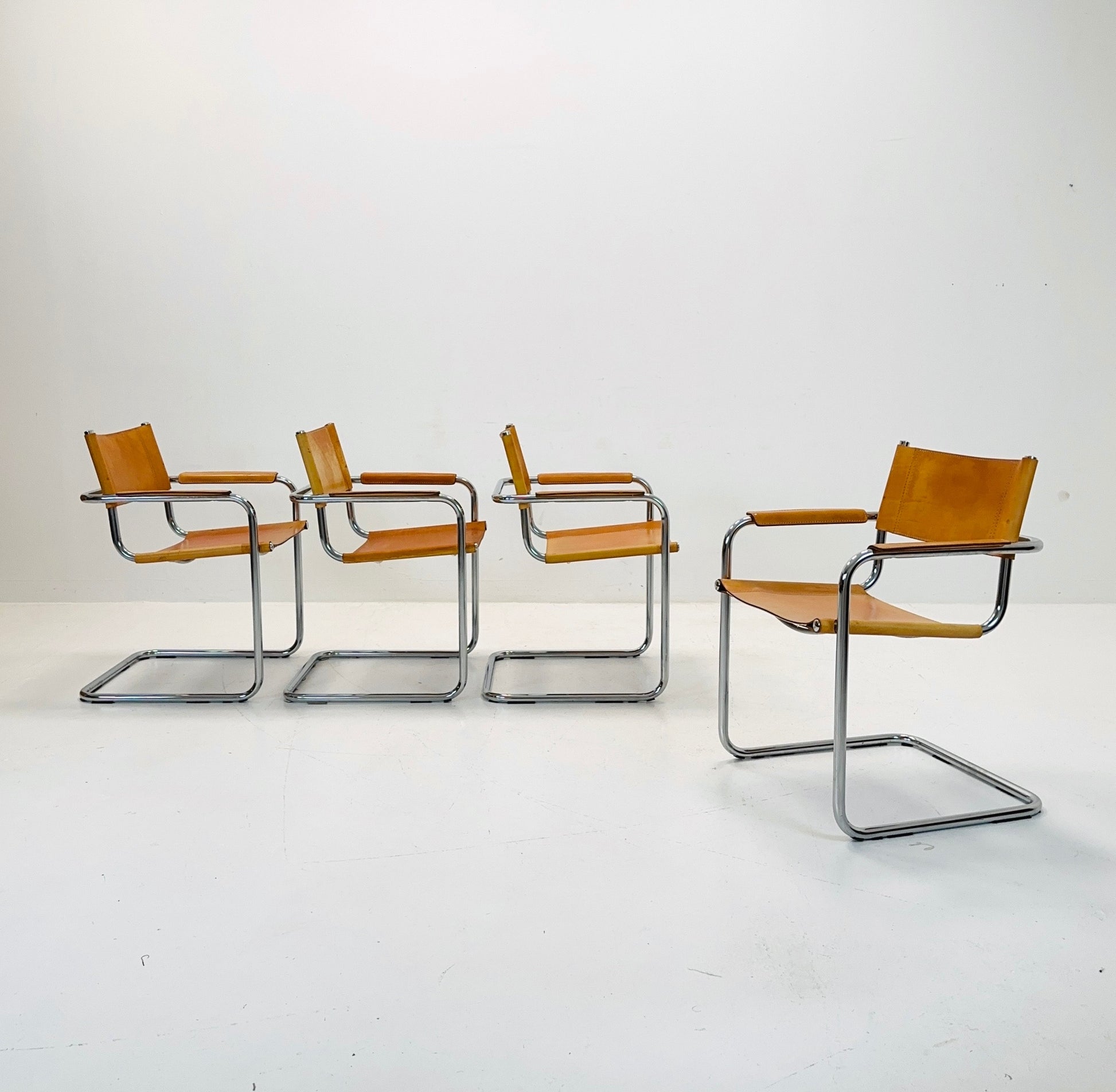 Set of 4 Mid century Model S34 Cognac Leather armchairs by Mart Stam & Marcel Breuer 1980s Italy