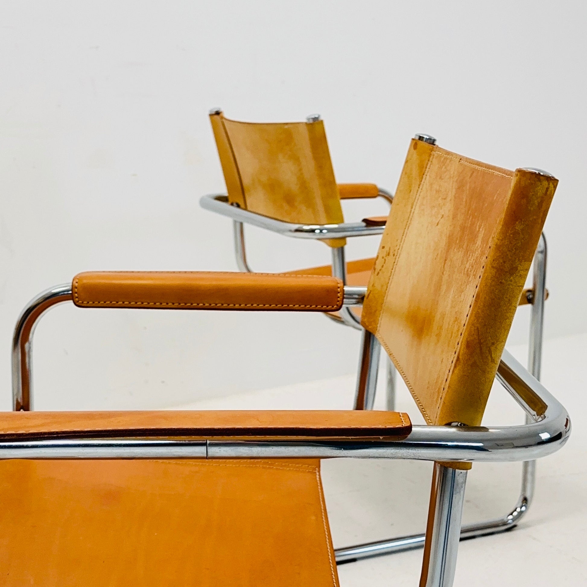 Set of 4 Mid century Model S34 Cognac Leather armchairs by Mart Stam & Marcel Breuer 1980s Italy