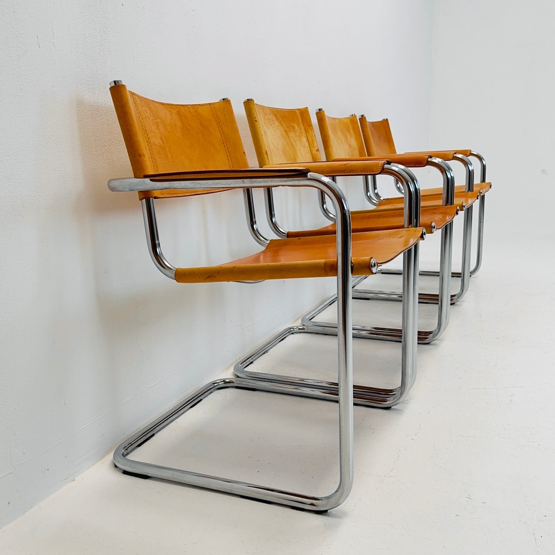 Set of 4 Mid century Model S34 Cognac Leather armchairs by Mart Stam & Marcel Breuer 1980s Italy