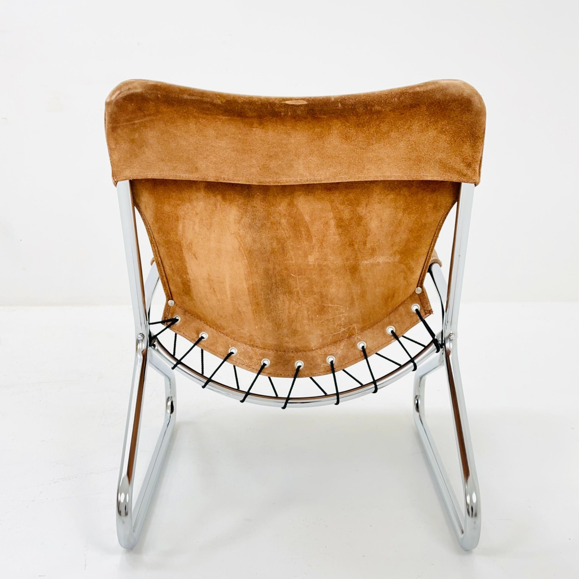 Mid century easy Sling Lounge Chair in alcantara Nubuck cognac leather by Lusch & Co West Germany 1980s