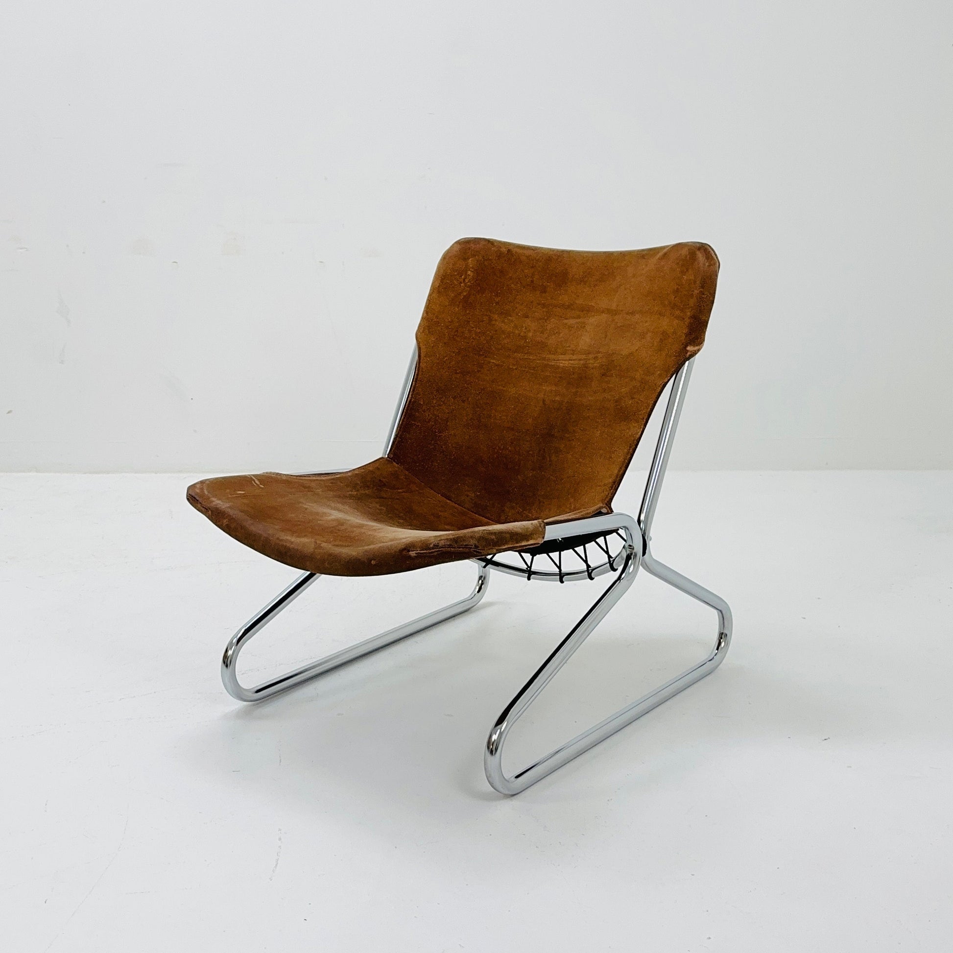 Mid century easy Sling Lounge Chair in alcantara Nubuck cognac leather by Lusch & Co West Germany 1980s
