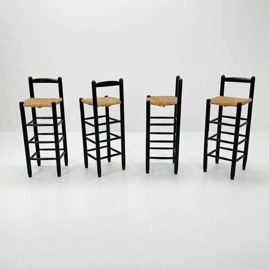 set of 4 Mid century wood/wicker bar stools , 1960s, Italy