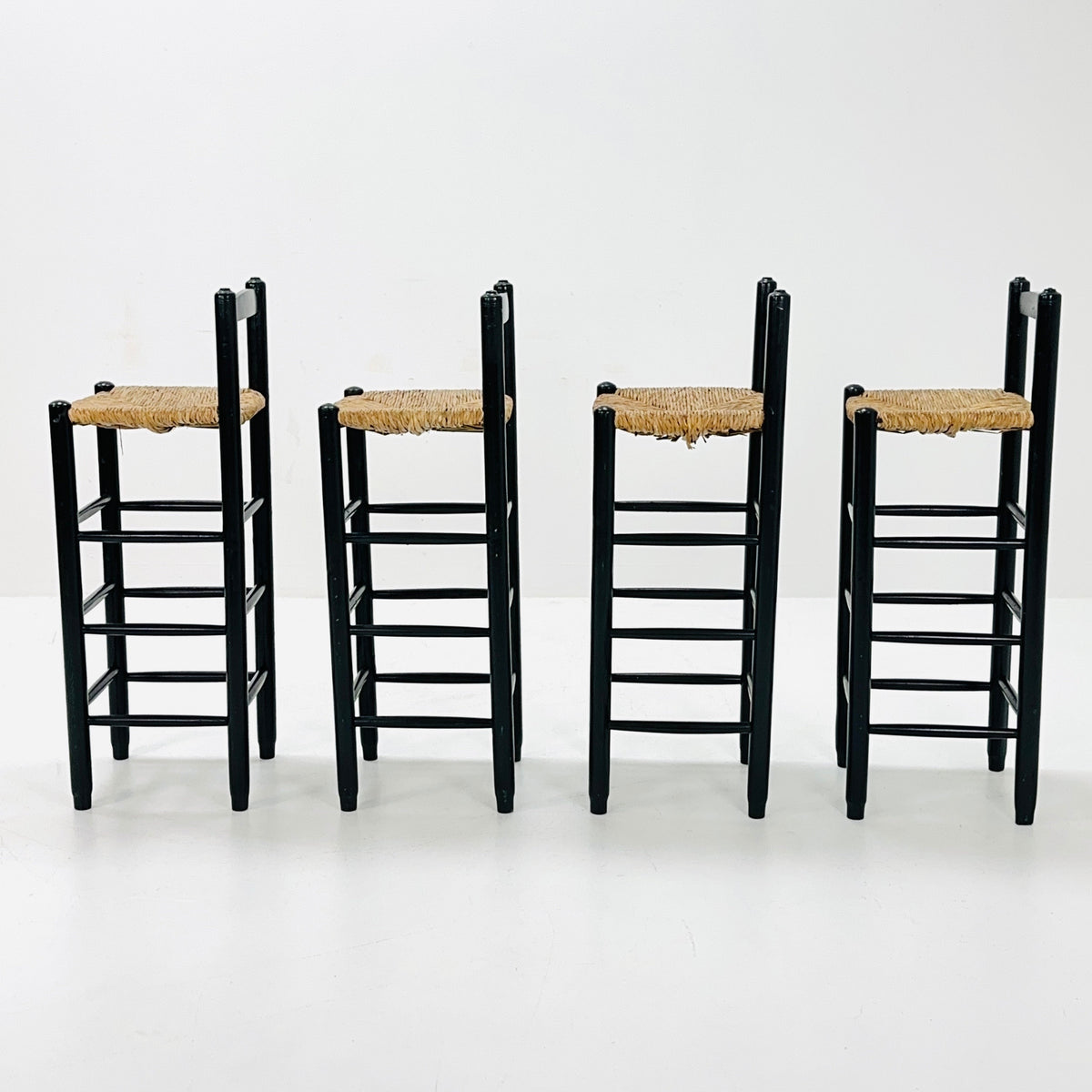 set of 4 Mid century wood/wicker bar stools , 1960s, Italy