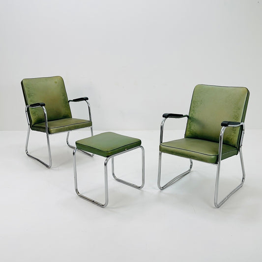 Mid century Original Mauser tubular steel armchairs and ottoman set 1940s Germany