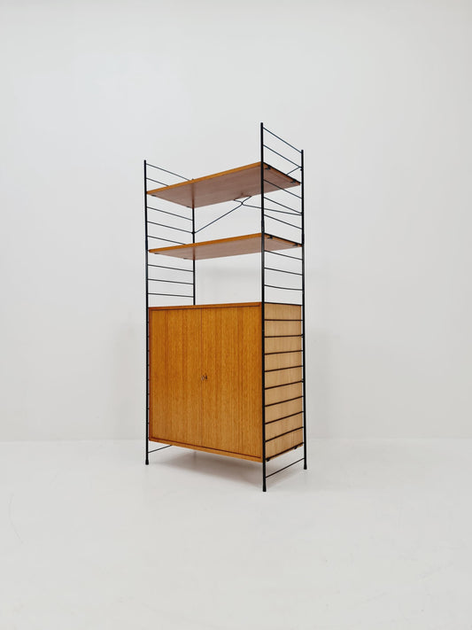 Free standing String shelf-system, bookcase with cabinet teak by WHB Germany, 1950s