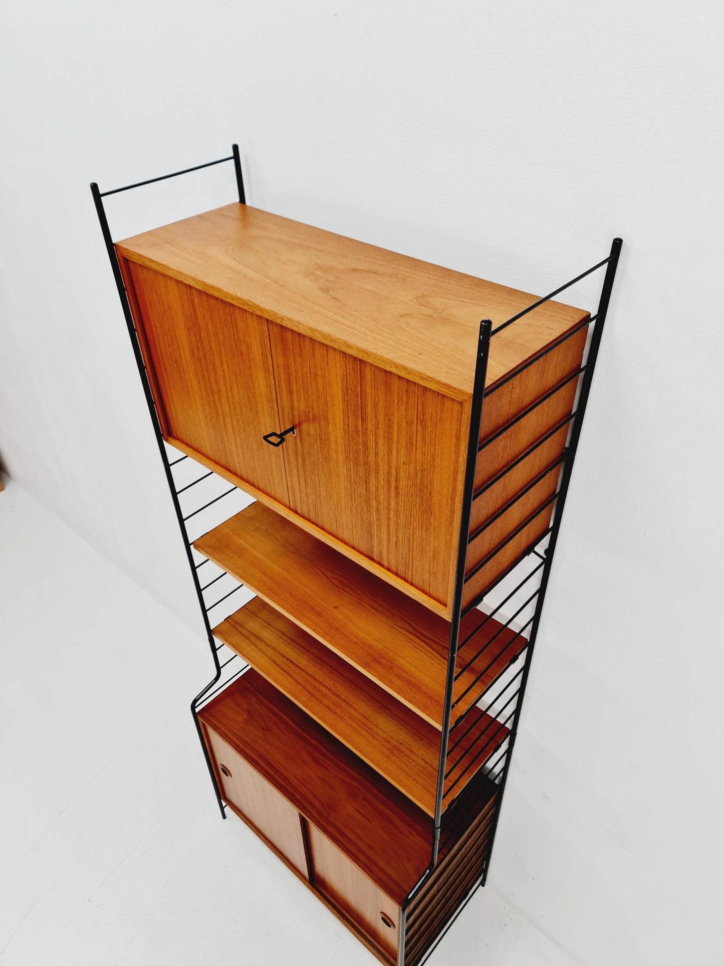 Free standing String shelf-system, bookcase with cabinet teak by WHB Germany, 1950s