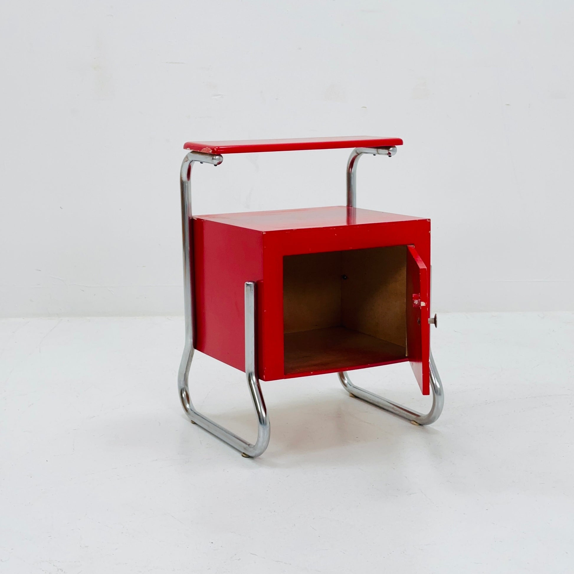 Bauhaus night cabinet/nightstand with shelf in red 1970s
