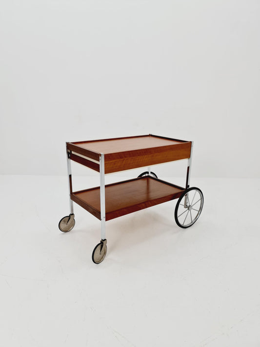 Vintage German BauHaus trolley bar cart in Rosewood & Chrome with drawer , 1960s