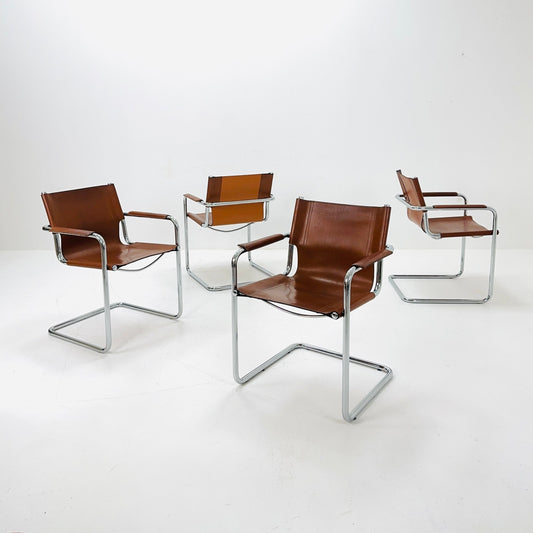 set of 4 Matteo Grassi original Bauhaus design Visitor model Chair cognac Leather 1970s