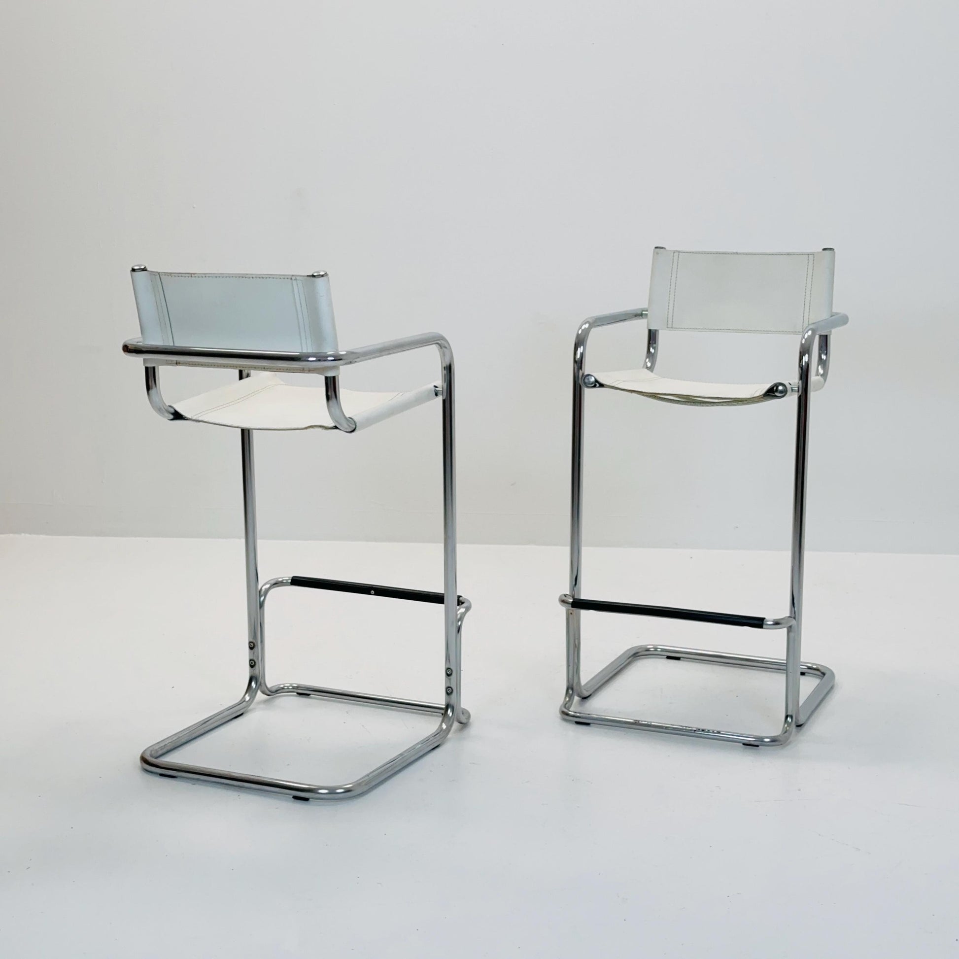 Set of 2 Mart Stam white leather and chrome Italian Mid-Century Modern barstools, 1970s