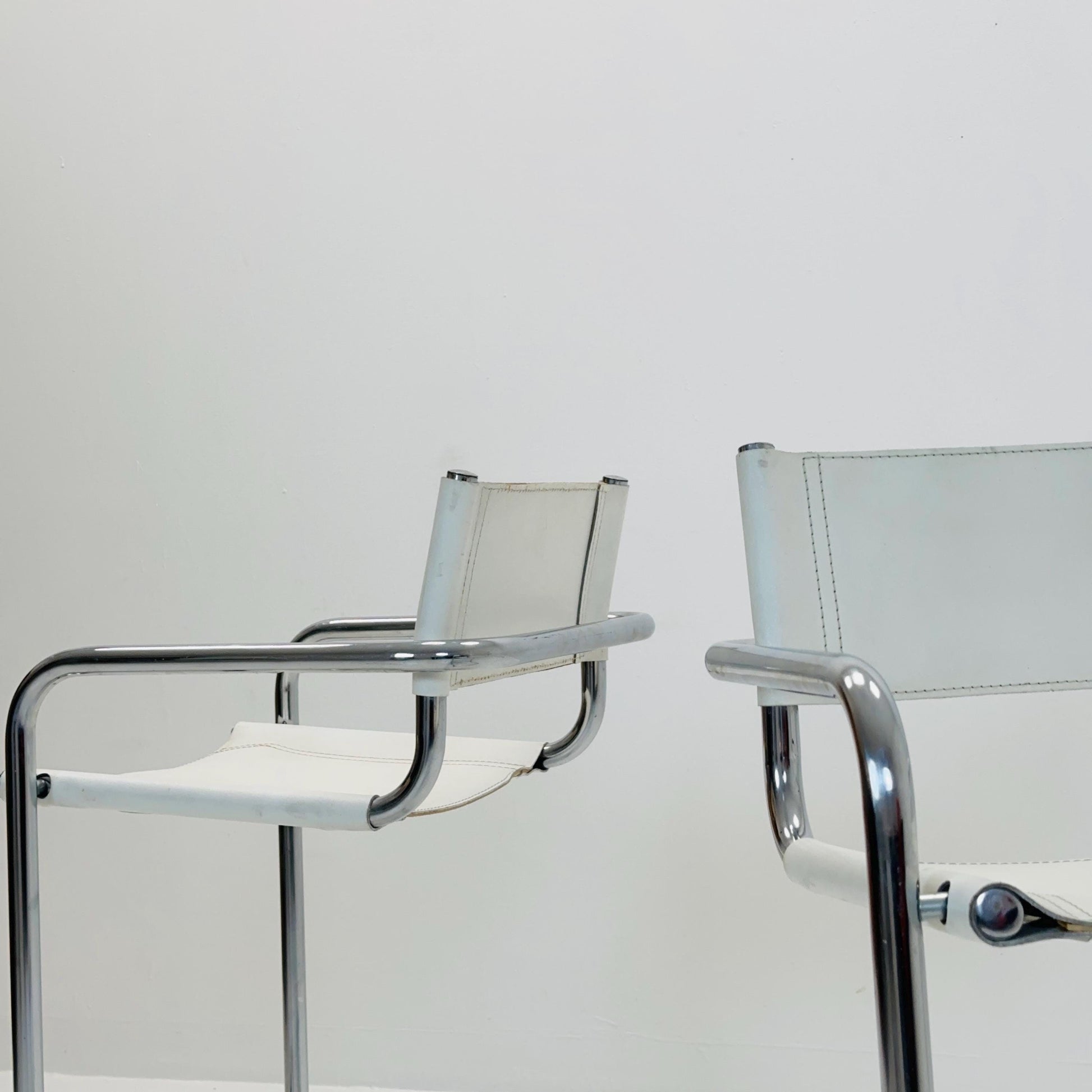 Set of 2 Mart Stam white leather and chrome Italian Mid-Century Modern barstools, 1970s