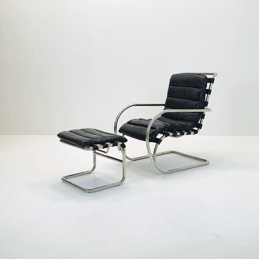 Bauhaus Mr Lounge tubular armchair with ottoman by Ludwig Mies Van Der Rohe ,Bauhaus 1980s