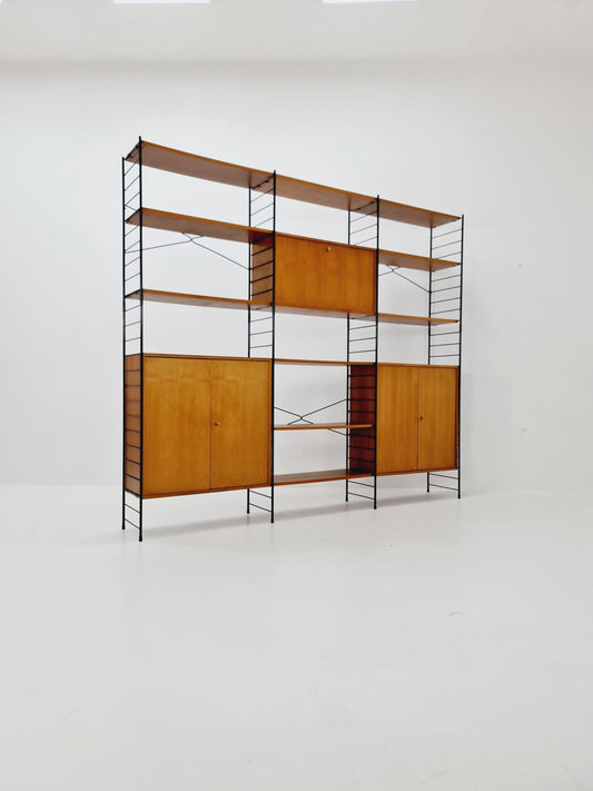 String shelf-system, bookcase with bar cabinet teak by WHB Germany, 1950s