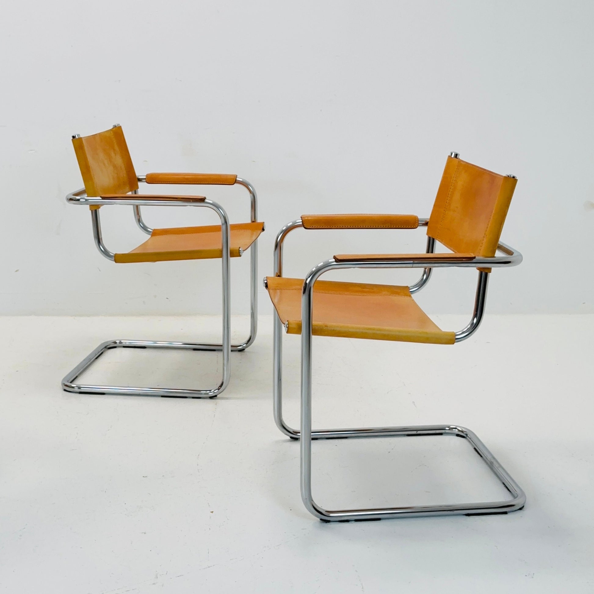 Set of 4 Mid century Model S34 Cognac Leather armchairs by Mart Stam & Marcel Breuer 1980s Italy