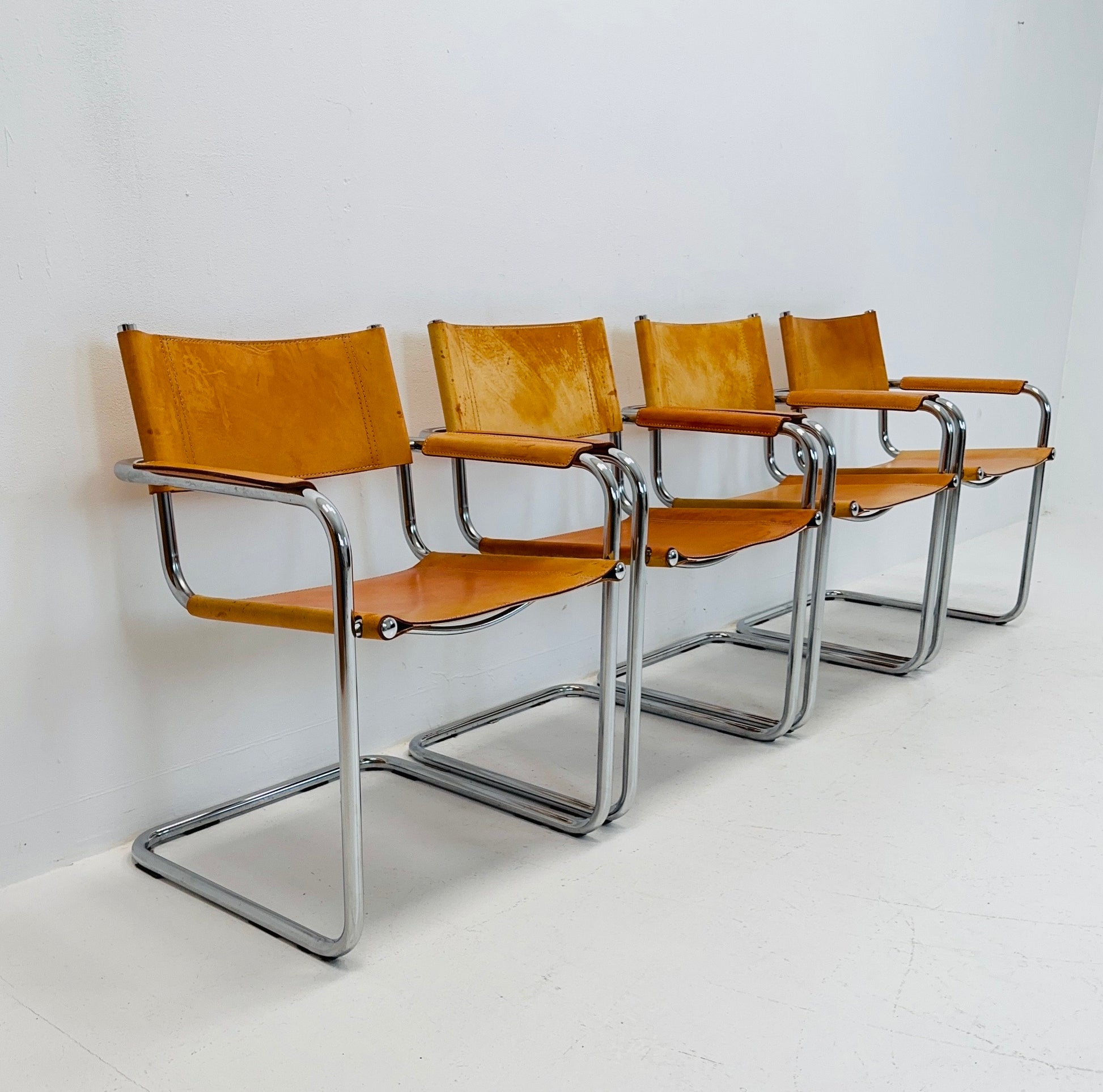 Set of 4 Mid century Model S34 Cognac Leather armchairs by Mart Stam & Marcel Breuer 1980s Italy
