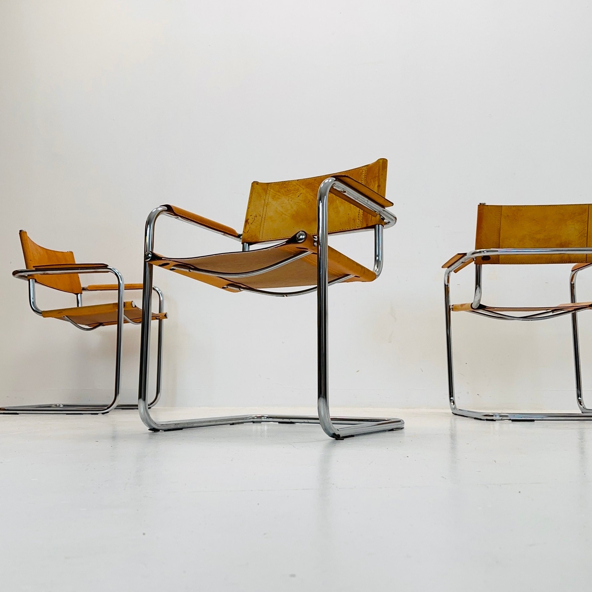 Set of 4 Mid century Model S34 Cognac Leather armchairs by Mart Stam & Marcel Breuer 1980s Italy