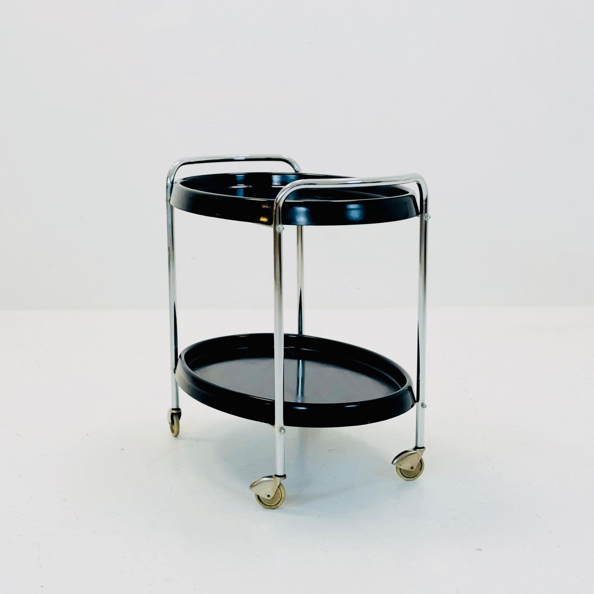 Space Age oval Vintage black Plastic Chromed Bar Cart/trolley 1970s, Italy