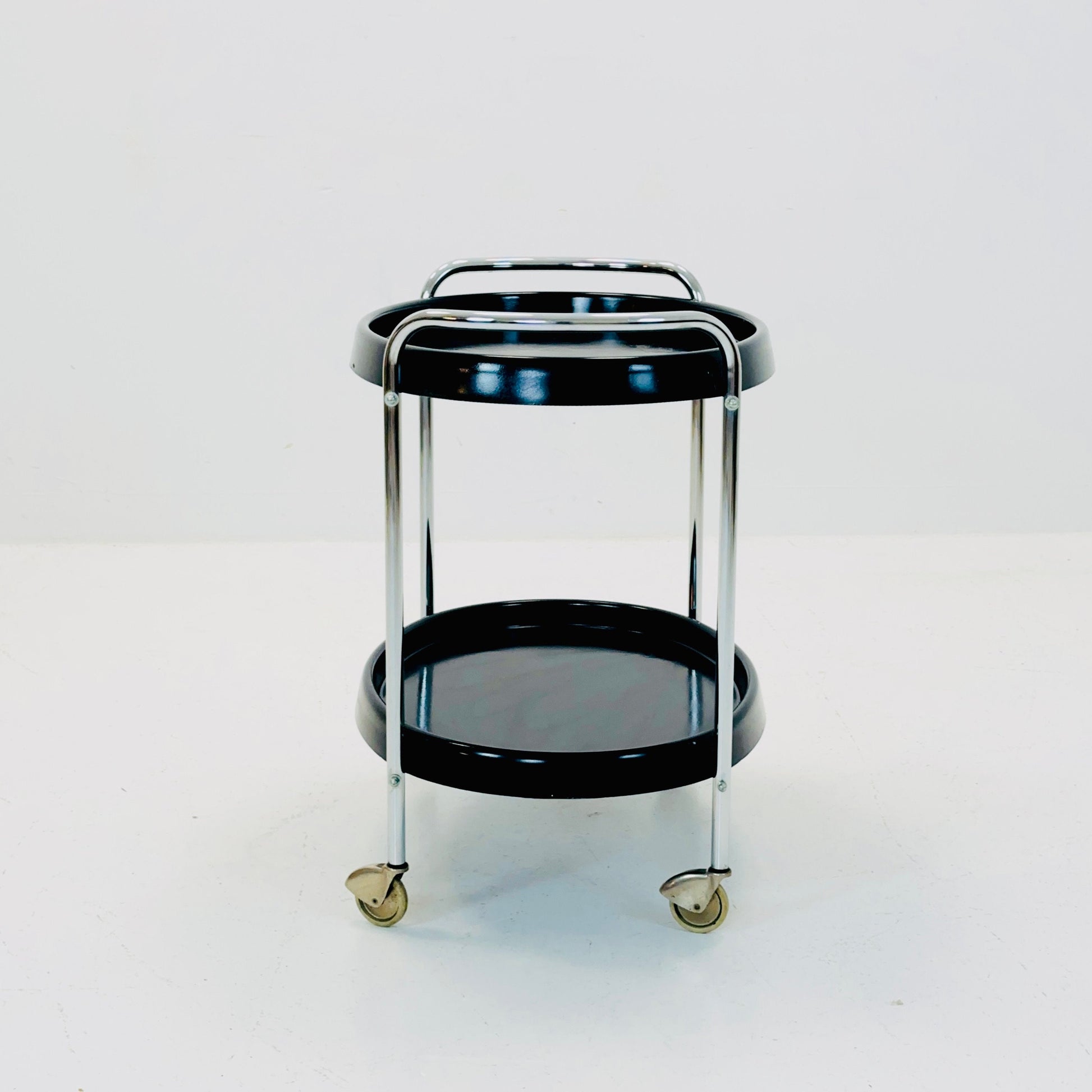 Space Age oval Vintage black Plastic Chromed Bar Cart/trolley 1970s, Italy