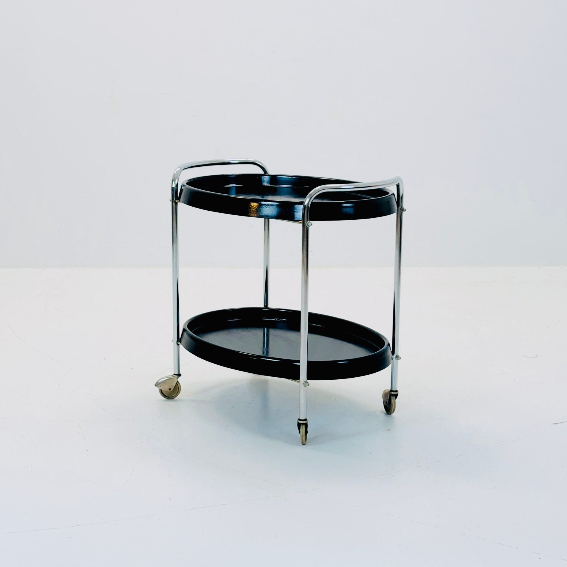 Space Age oval Vintage black Plastic Chromed Bar Cart/trolley 1970s, Italy