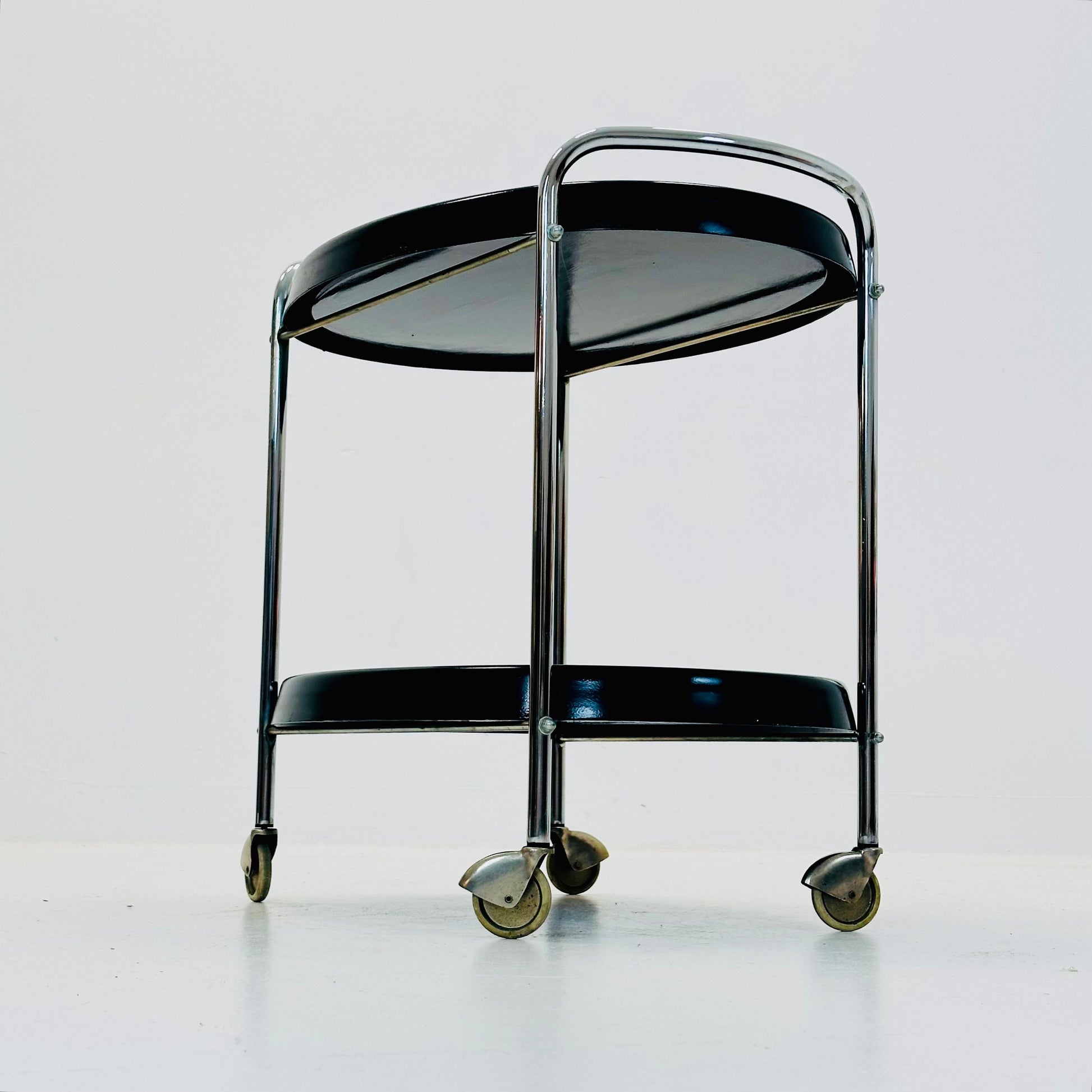 Space Age oval Vintage black Plastic Chromed Bar Cart/trolley 1970s, Italy