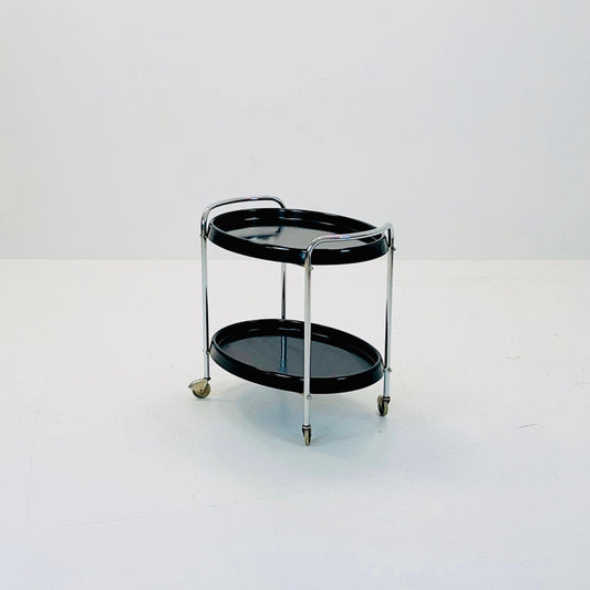 Space Age oval Vintage black Plastic Chromed Bar Cart/trolley 1970s, Italy